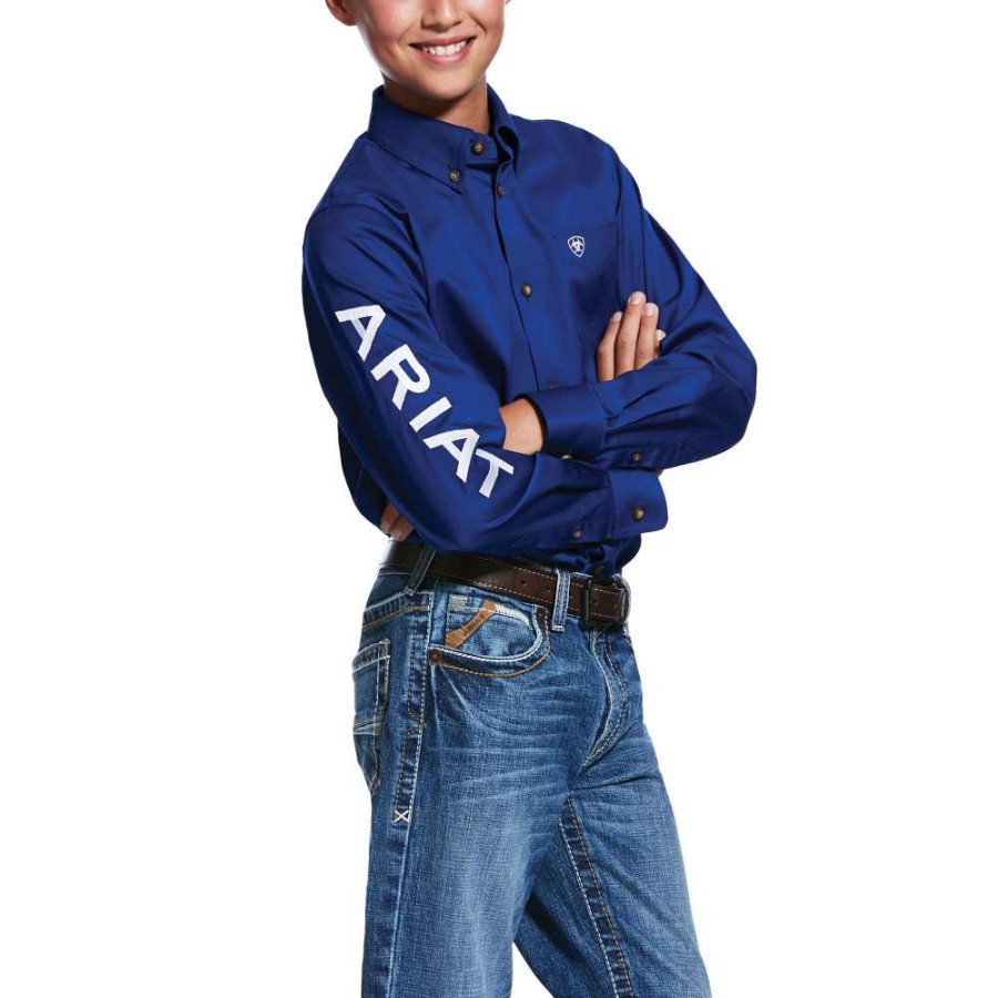 Kids Shirts * | Ariat Boys Team Logo Ultramarine Blue Twill Classic Fit Shirt 10030164